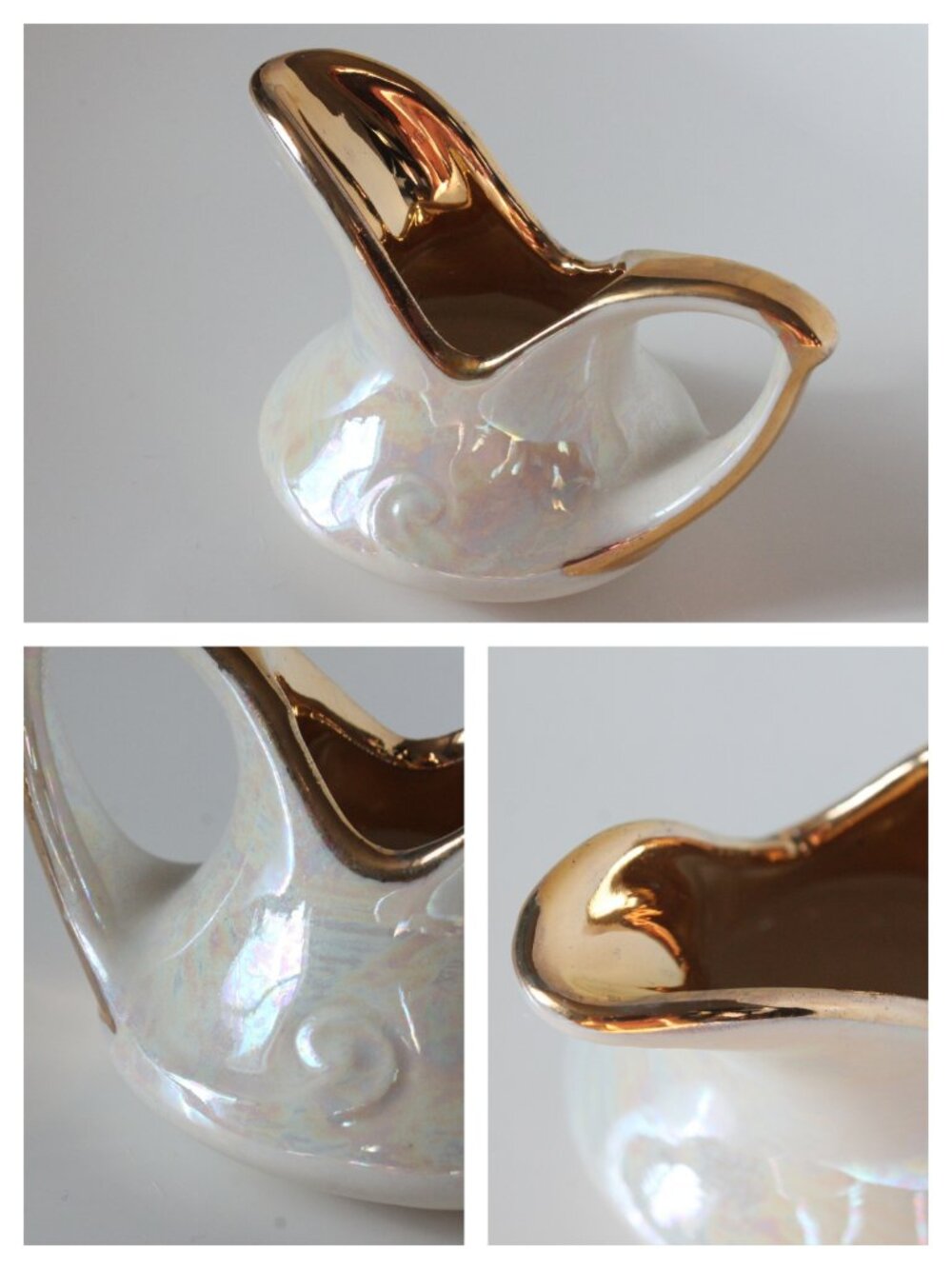 Miniature Iridescent White Pitcher with Gilt Handle